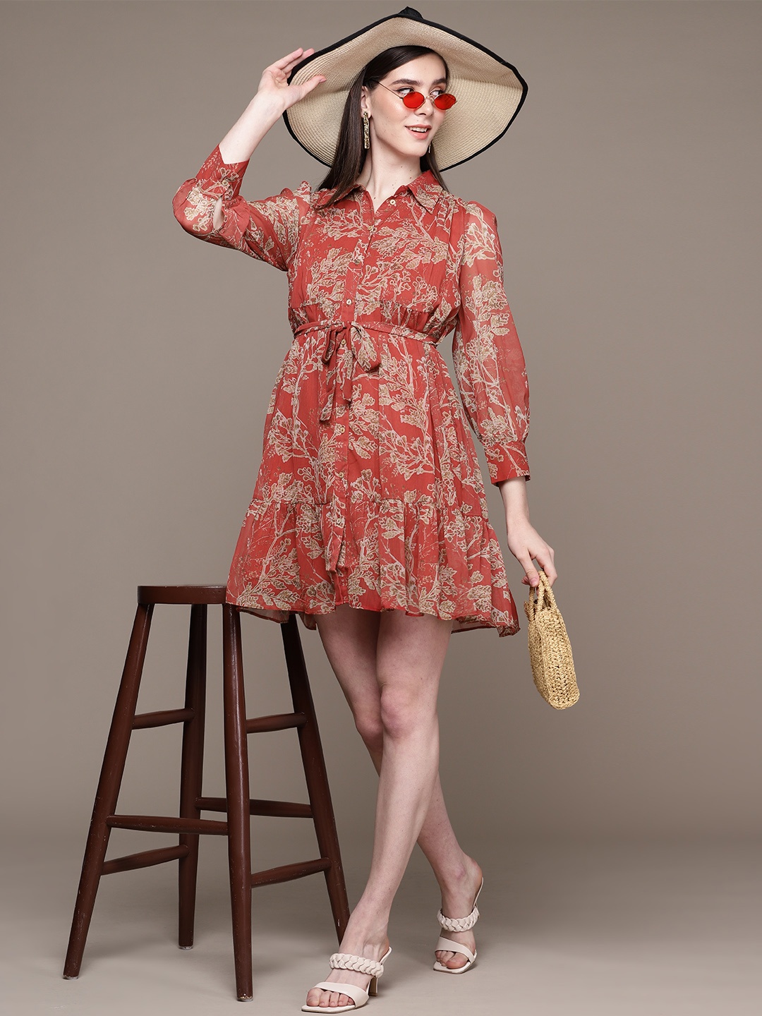 

aarke Ritu Kumar Floral Print Puff Sleeve Chiffon Shirt Mini Dress, Red