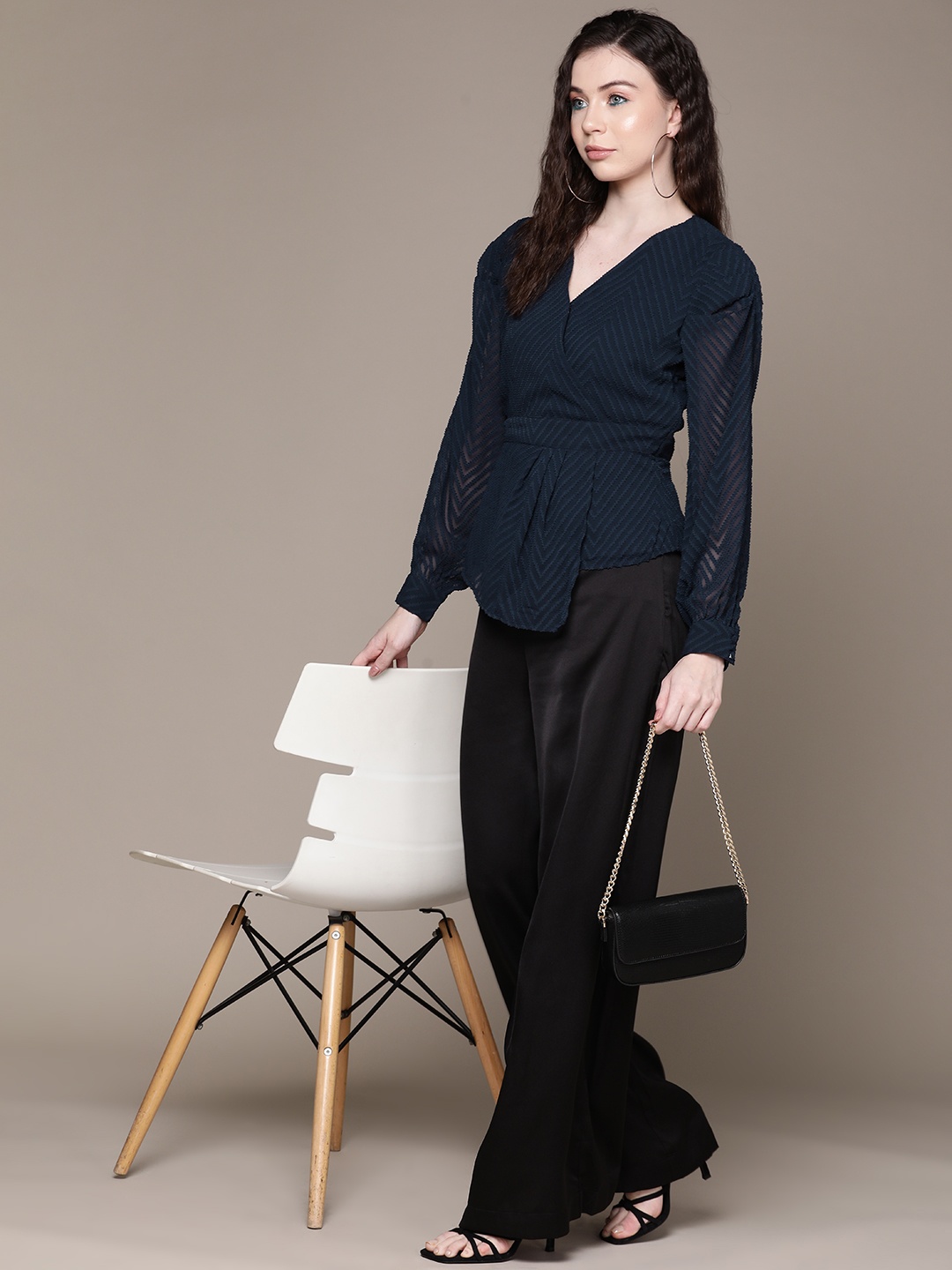 

aarke Ritu Kumar Self Design Puff Sleeve Empire Top, Navy blue