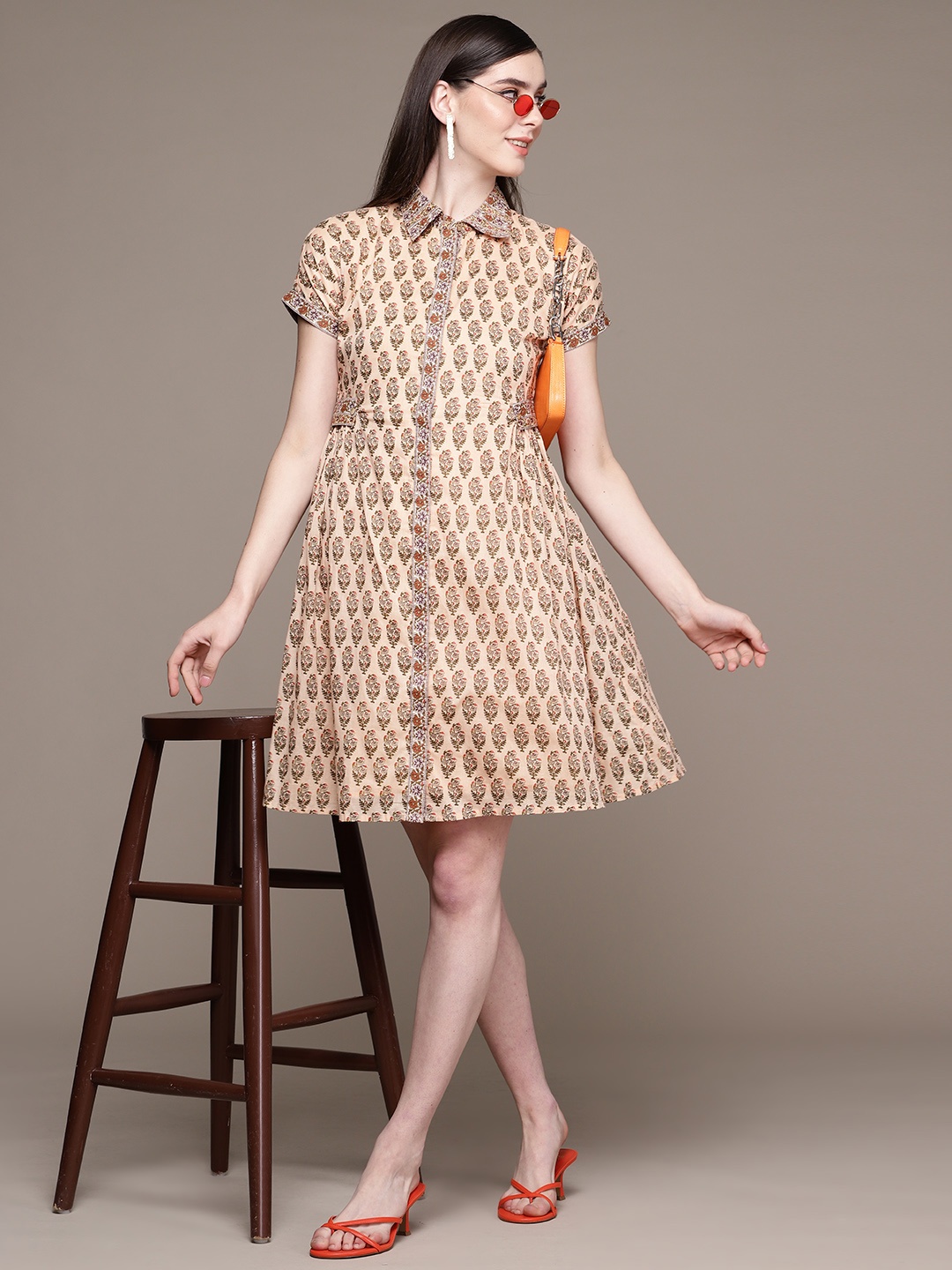 

aarke Ritu Kumar Ethnic Motifs Print Shirt Dress, Beige