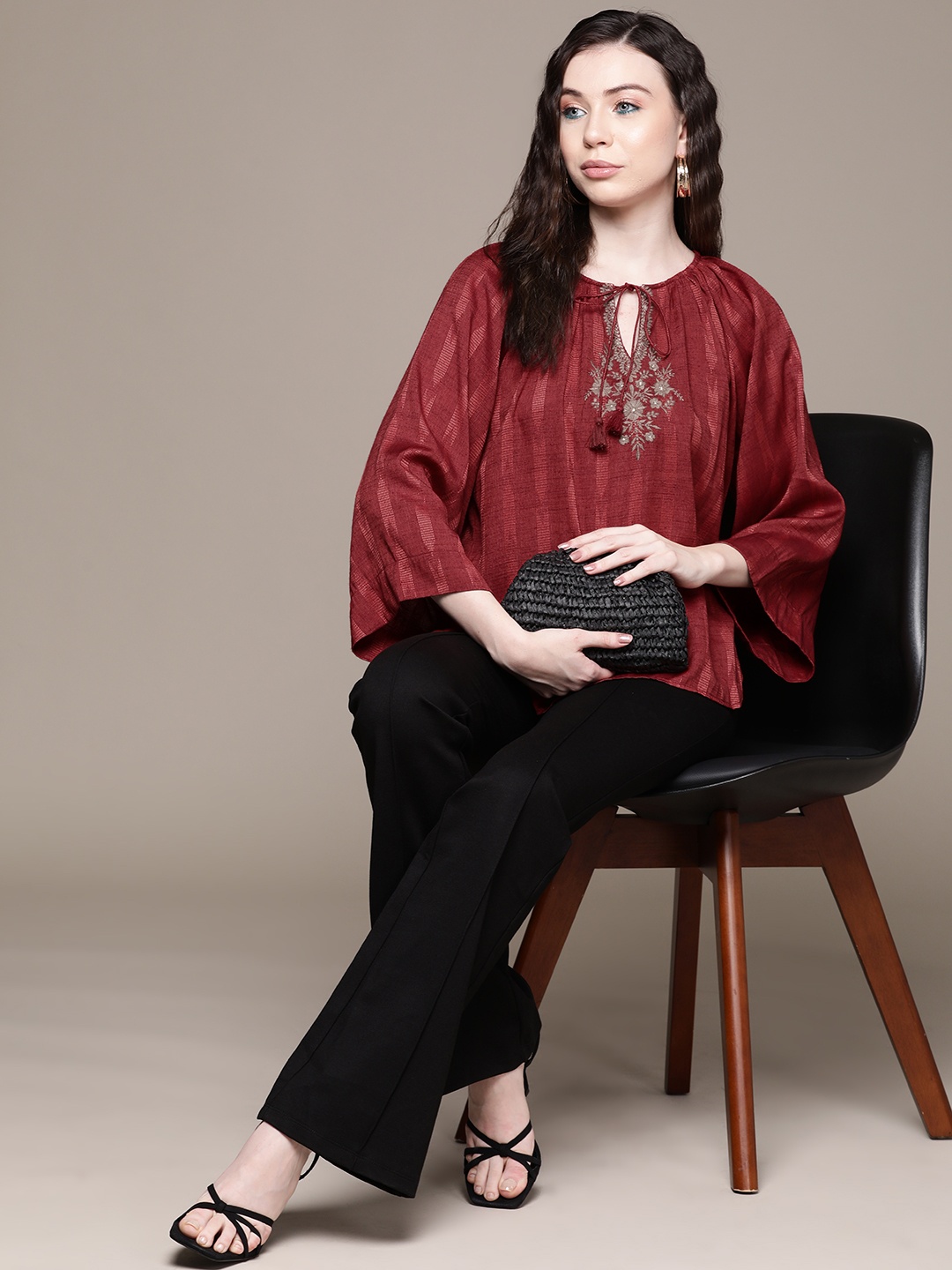 

aarke Ritu Kumar Floral Embroidered Tie-Up Neck Flared Sleeve Top, Red