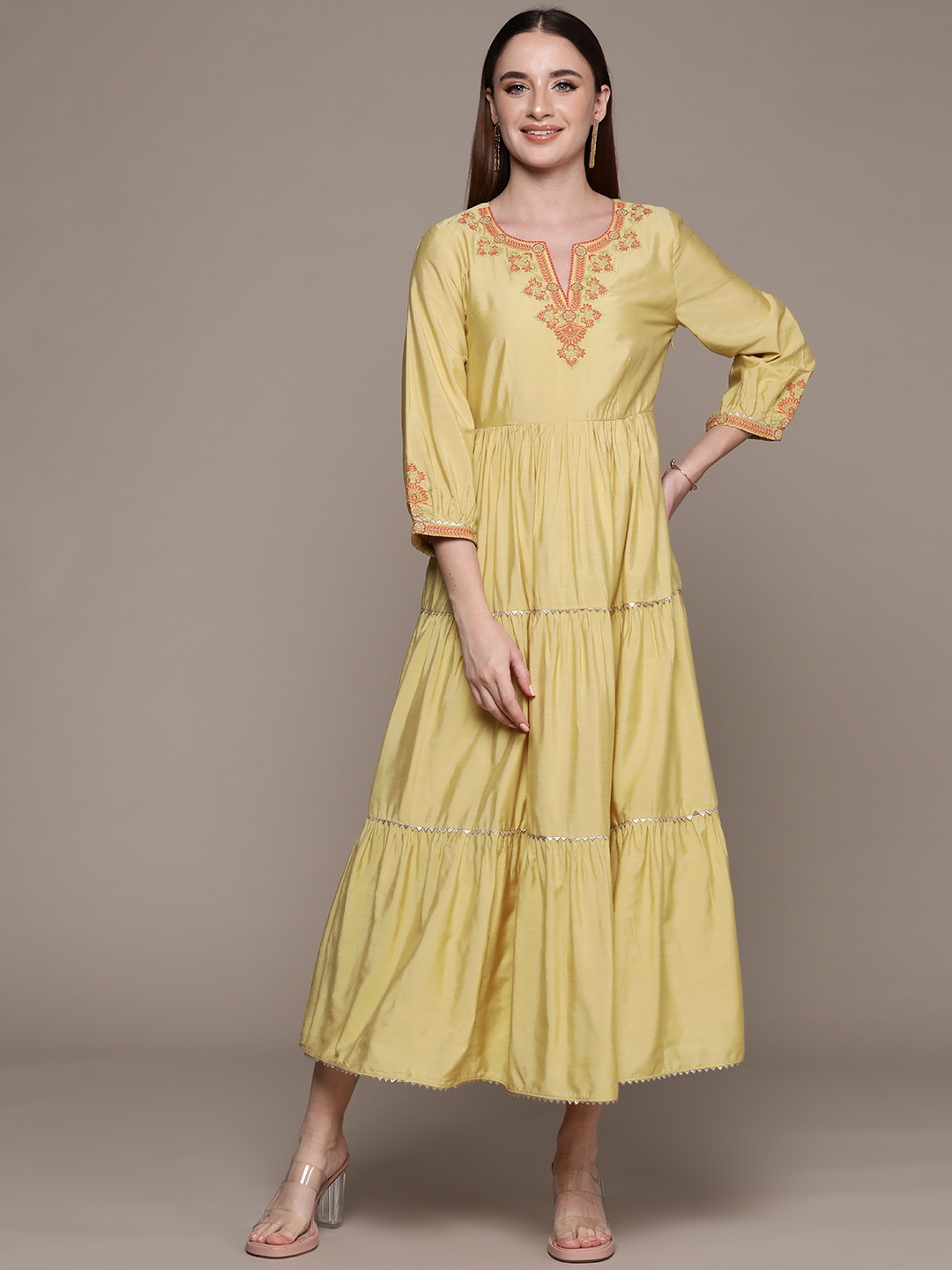 

aarke Ritu Kumar Floral Embroidered Puff Sleeve A-Line Midi Dress, Yellow