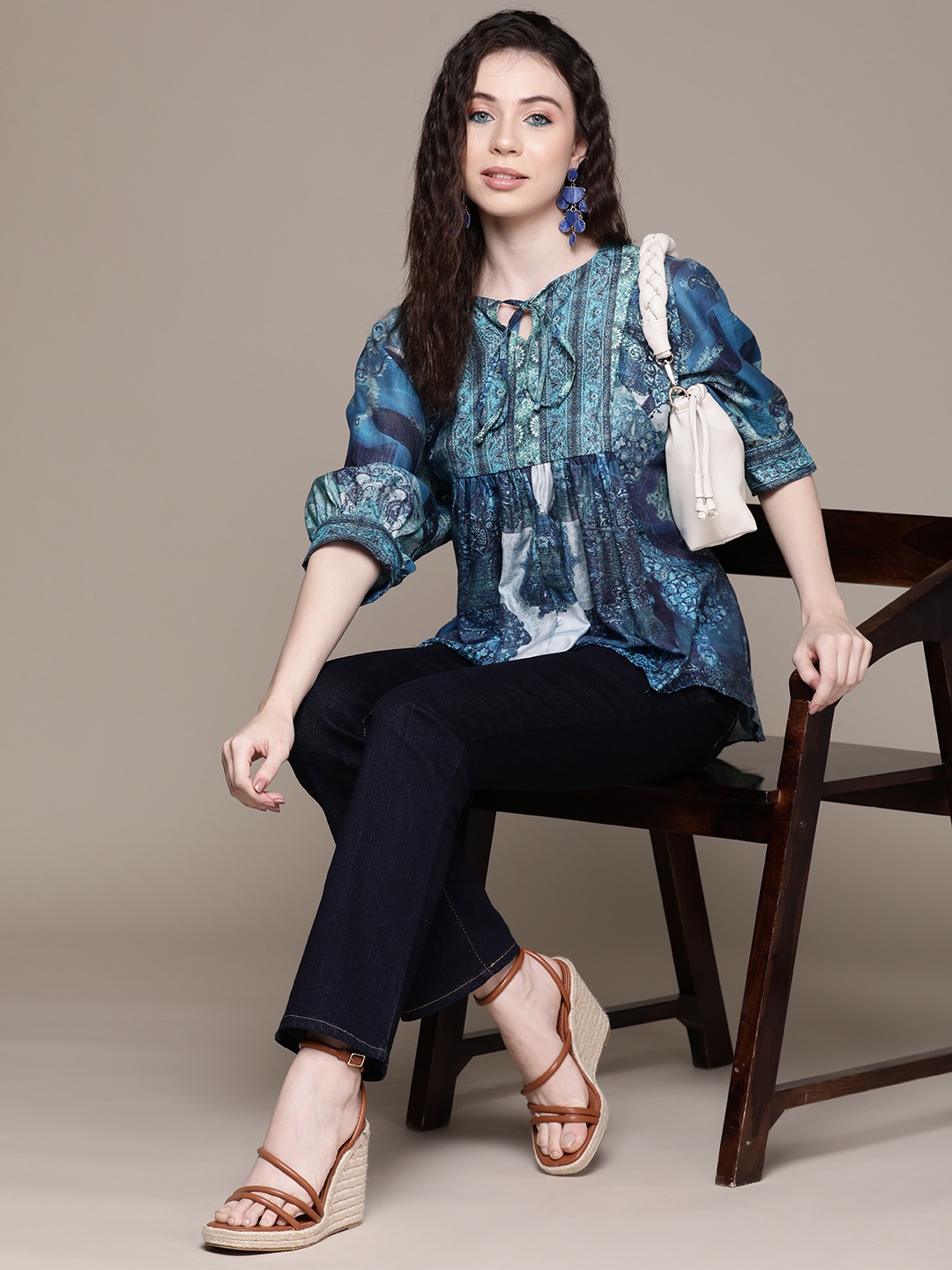 

aarke Ritu Kumar Blue Print Tie-Up Neck Puff Sleeve Ethnic Top
