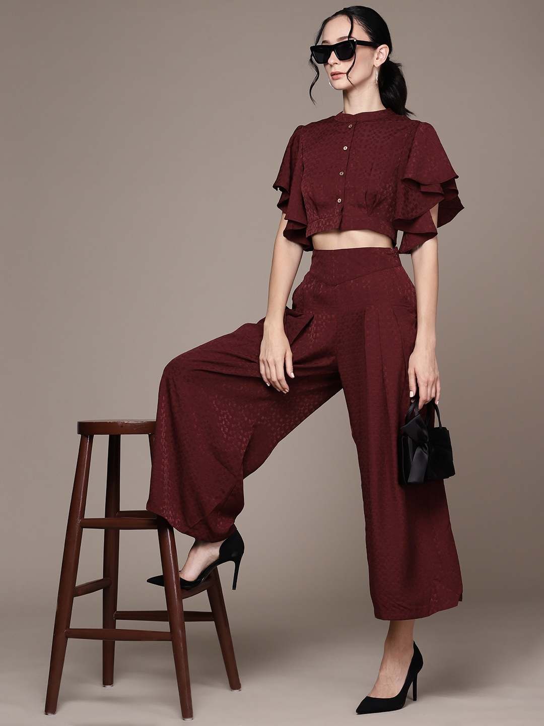 

aarke Ritu Kumar Flared Sleeves Crop Top with Palazzos, Maroon