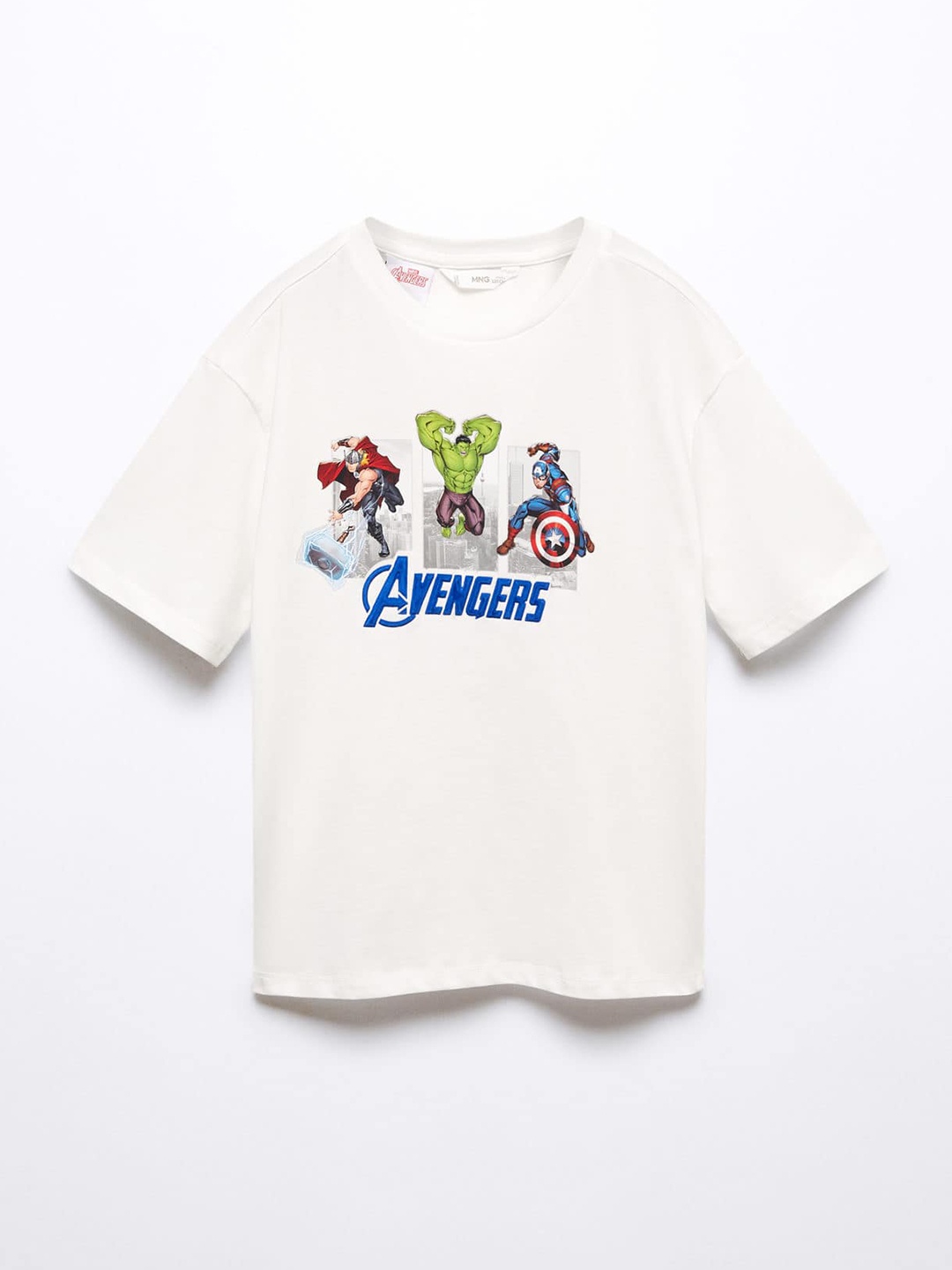 

Mango Kids Boys Pure Cotton Avengers Printed Drop-Shoulder Sleeves T-shirt, Off white