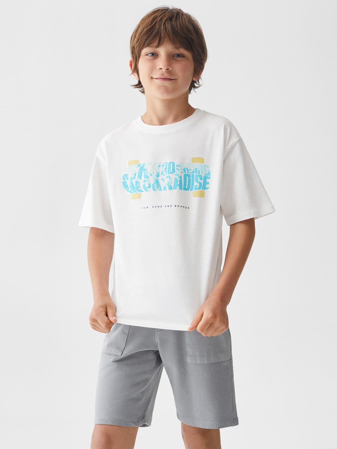 

Mango Kids Boys Pure Cotton Typography Printed Drop-Shoulder Sleeves T-shirt, White