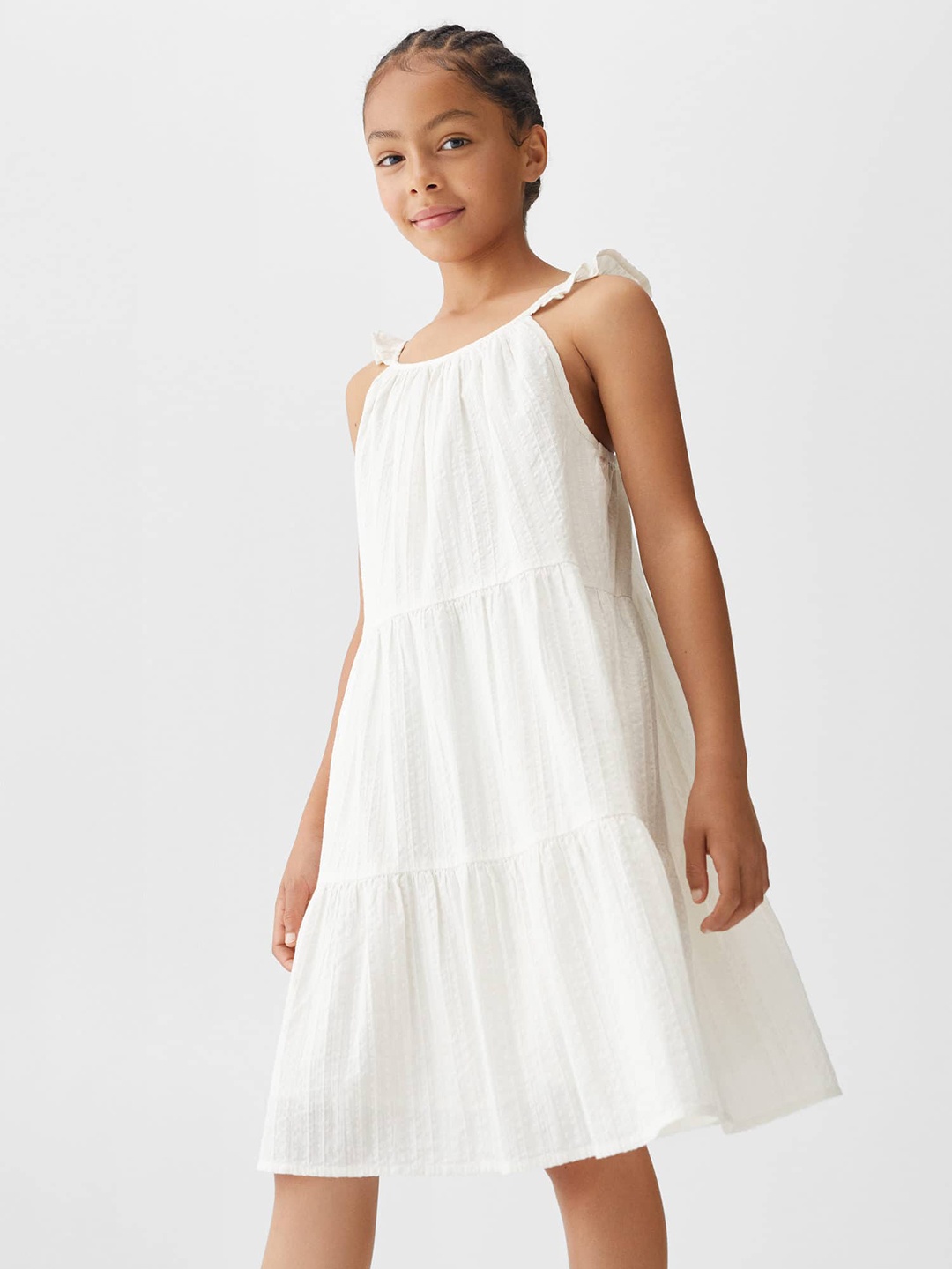 

Mango Kids Flutter Detail Sleeve Pure Cotton A-Line Dress, Off white