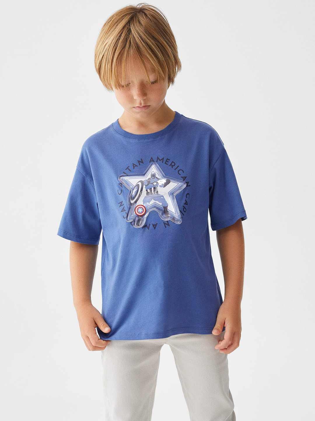 

Mango Kids Boys Pure Cotton Captain America Printed Drop-Shoulder Sleeves Applique T-shirt, Blue