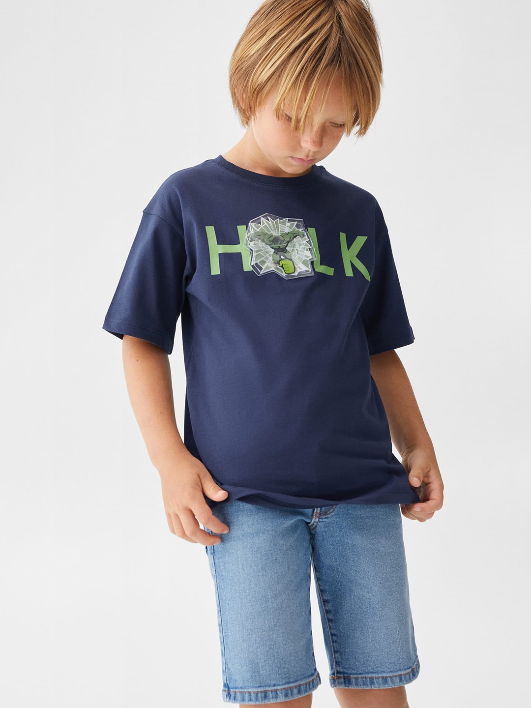

Mango Kids Boys Hulk Printed Drop-Shoulder Sleeves Pure Cotton T-shirt, Navy blue
