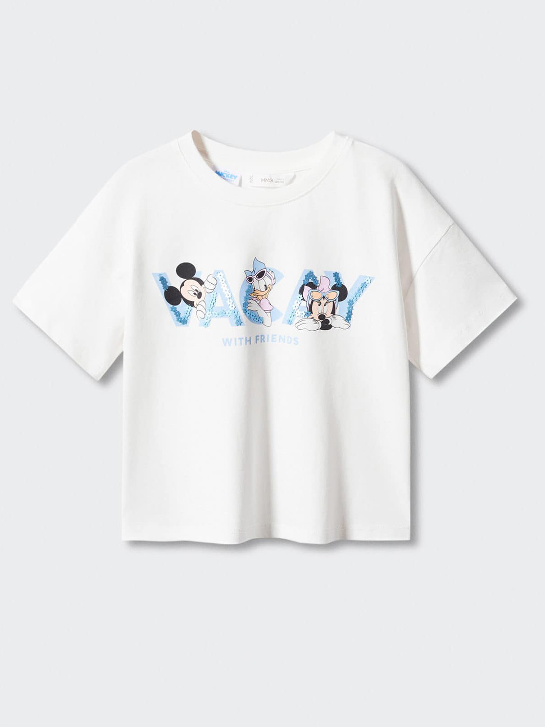 

Mango Kids Girls Pure Cotton Mickey & Friends Printed Drop-Shoulder Sleeves T-shirt, White