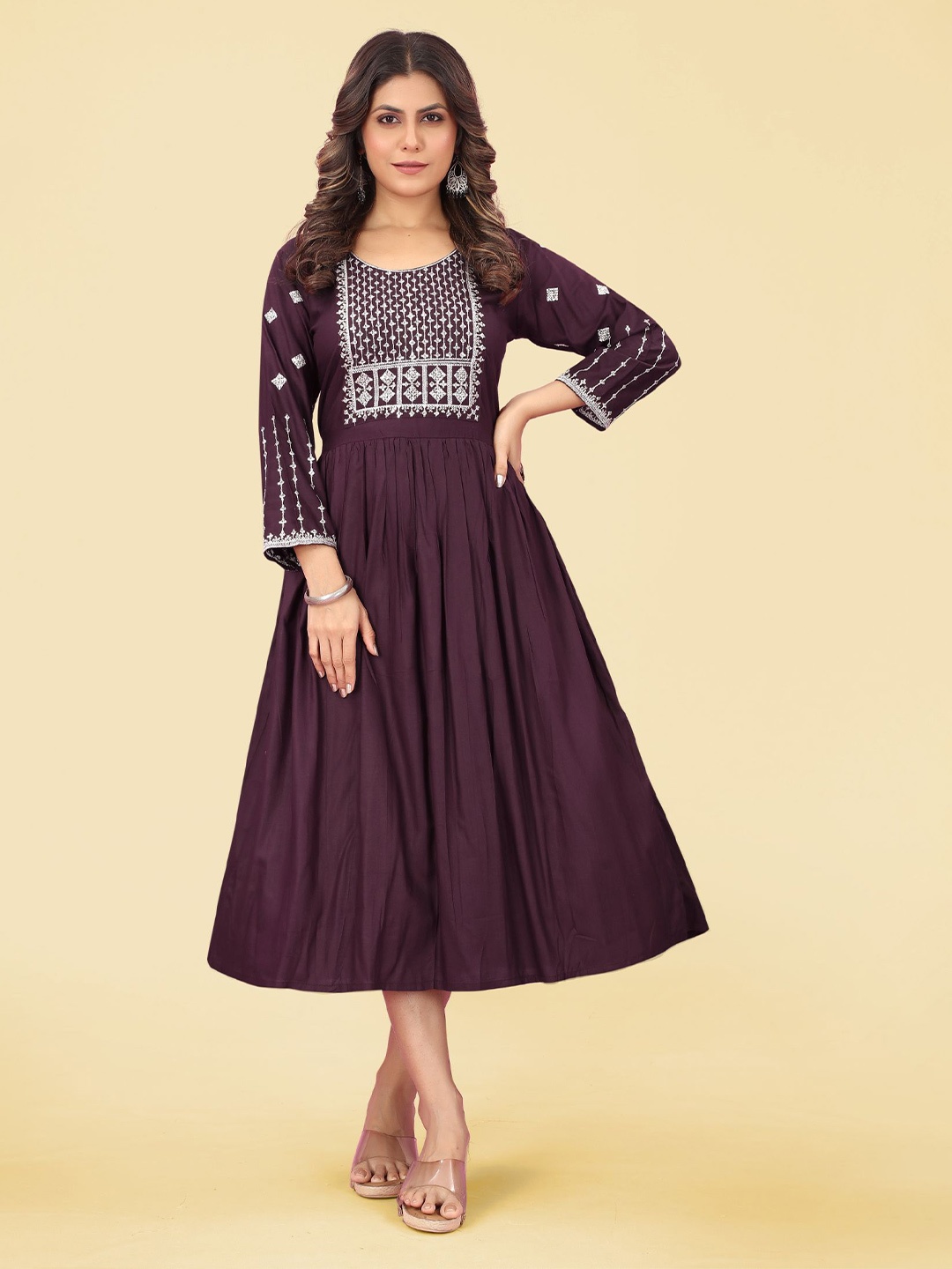 

KALINI Ethnic Motifs Embroidered Fit & Flare Ethnic Dress, Burgundy