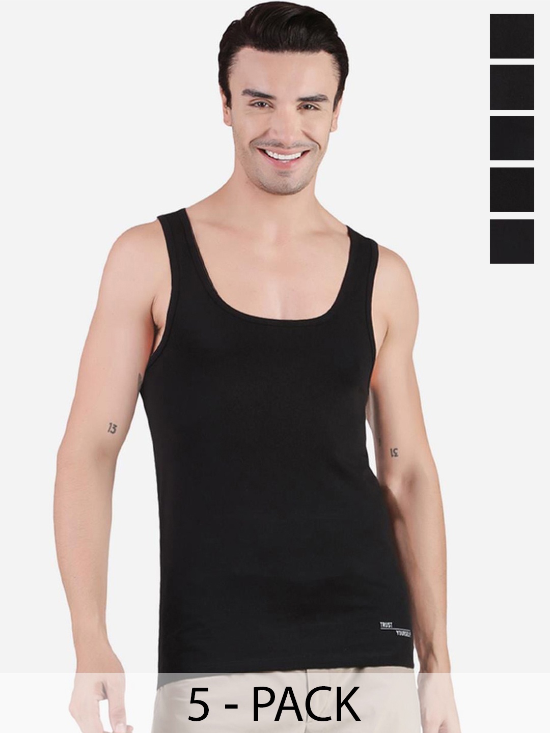 

FREECULTR Pack Of 5 Cotton Basic Vests, Black