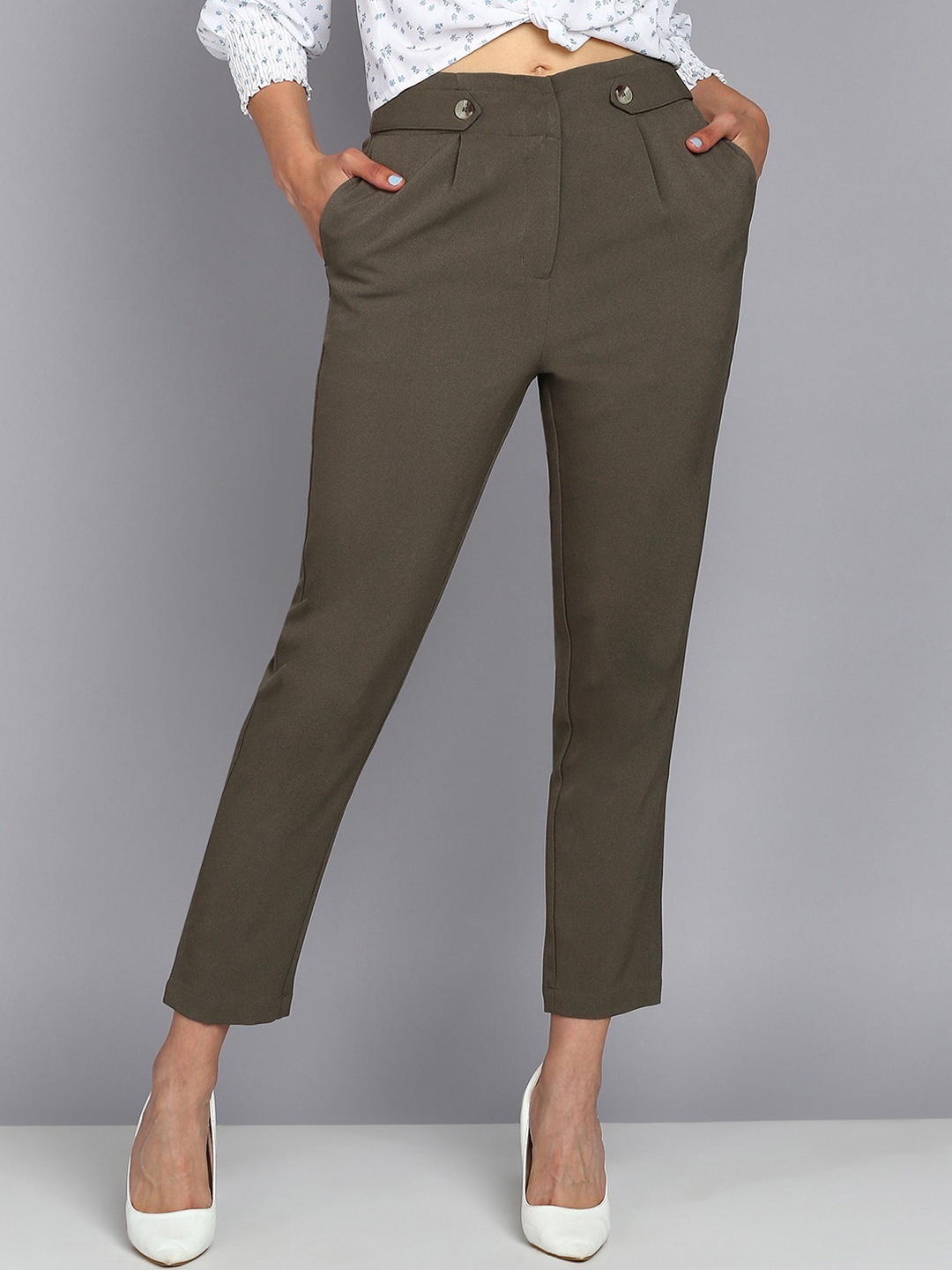 

Mast & Harbour Women Khaki Smart Slim Fit High-Rise Pleated Regular Trousers