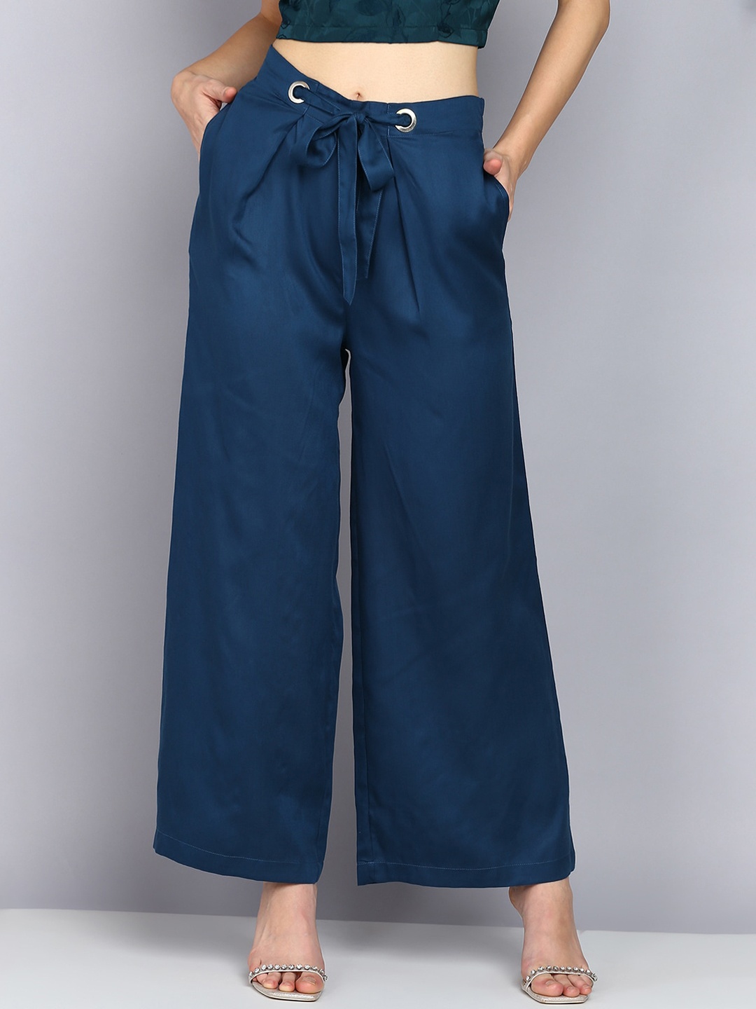 

Mast & Harbour Women Smart Flared High-Rise Trousers, Teal