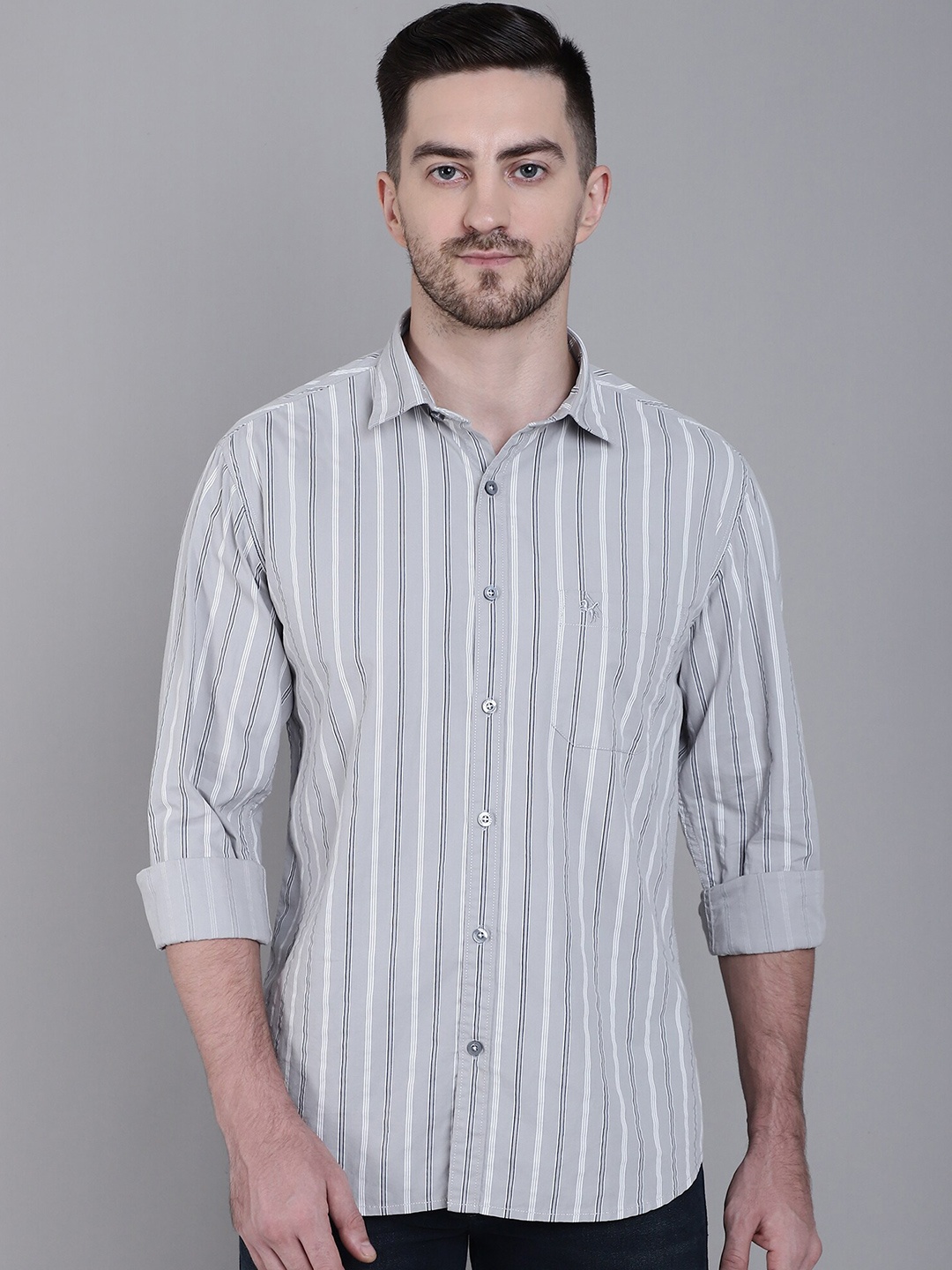 

Cantabil Vertical Striped Cotton Casual Shirt, Grey