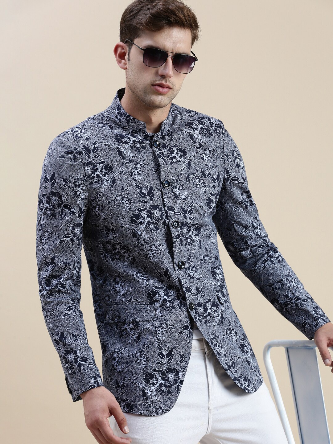 

SHOWOFF Printed Bandhgala Casual Blazer, Grey