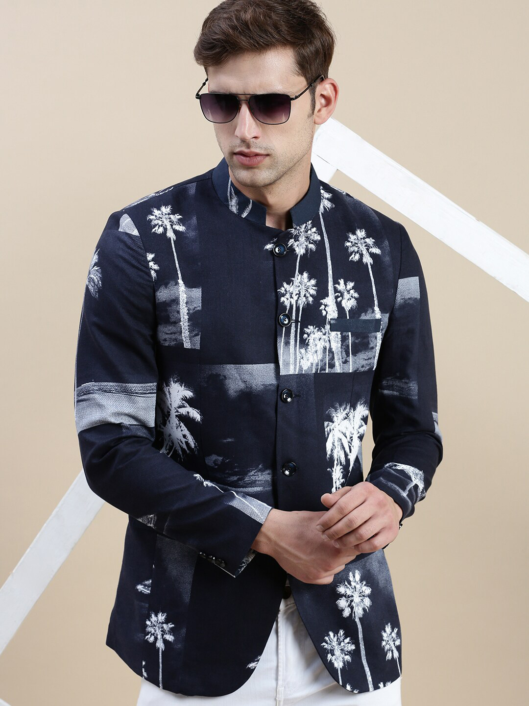 

SHOWOFF Printed Bandhgala Cotton Casual Blazer, Navy blue