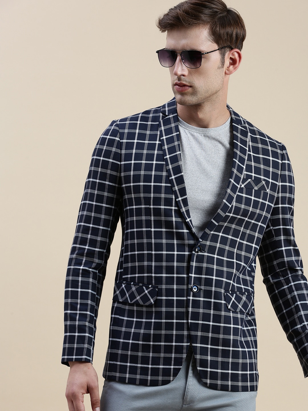 

SHOWOFF Checked Slim-Fit Single Breasted Casual Blazers, Navy blue