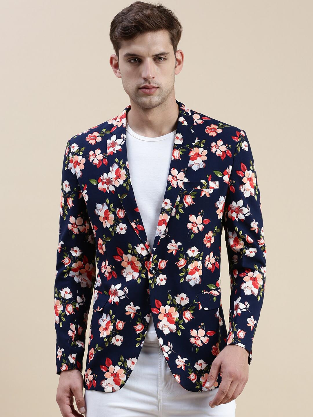 

SHOWOFF Floral-Printed Slim-Fit Single Breasted Casual Blazers, Navy blue