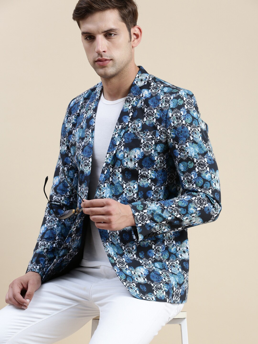 

SHOWOFF Printed Cotton Single-Breasted Blazer, Navy blue