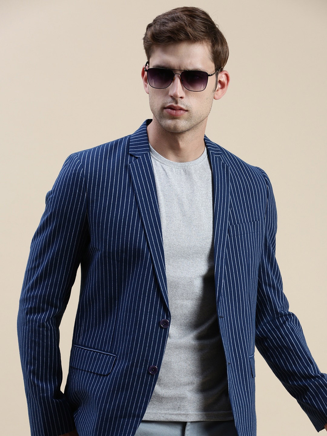 

SHOWOFF Striped Slim-Fit Single-Breasted Blazer, Navy blue