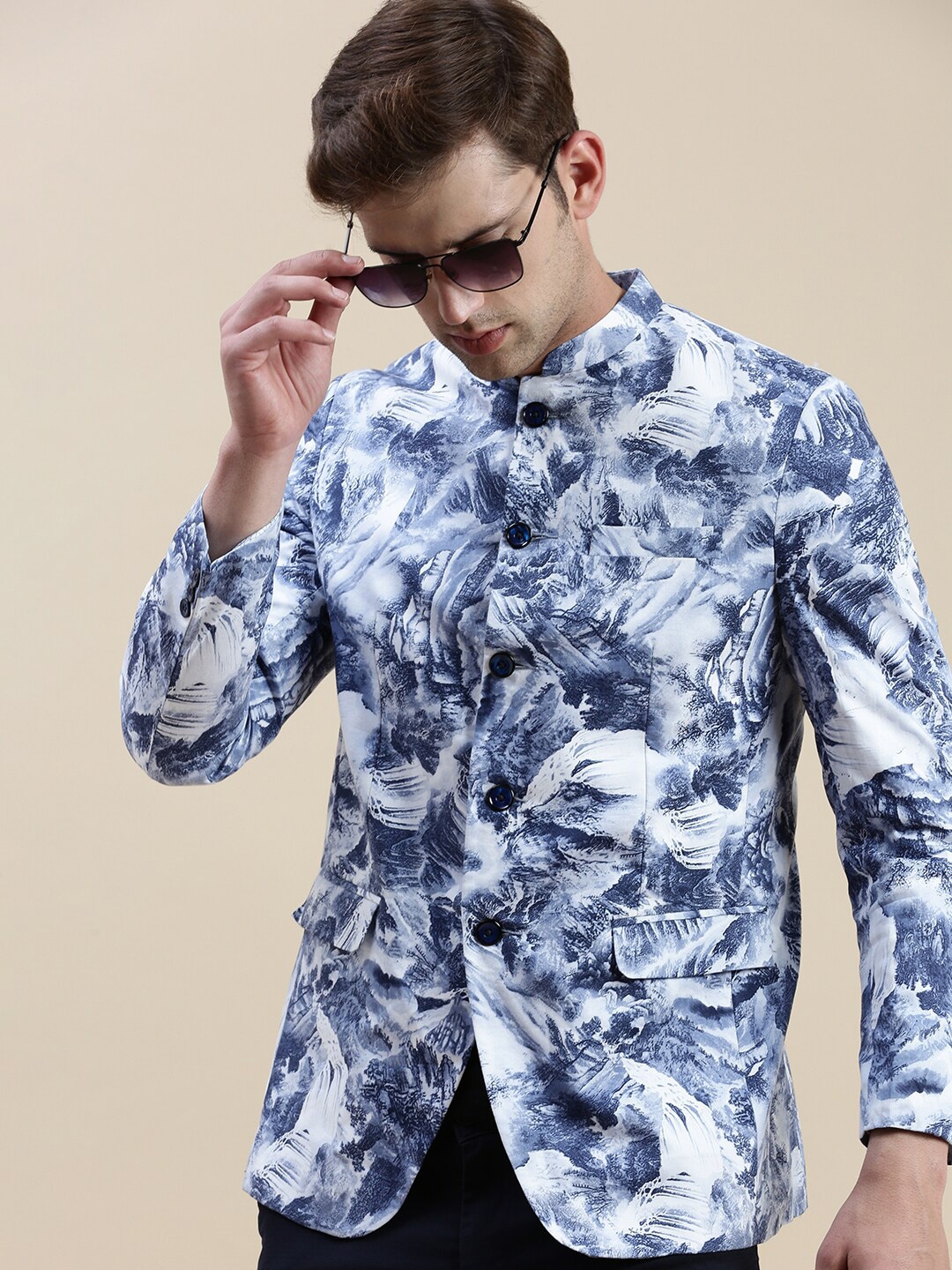 

SHOWOFF Men Printed Bandhgala Blazers, Blue