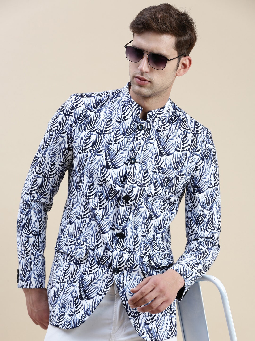 

SHOWOFF Printed Cotton Bandhgala Blazer, White