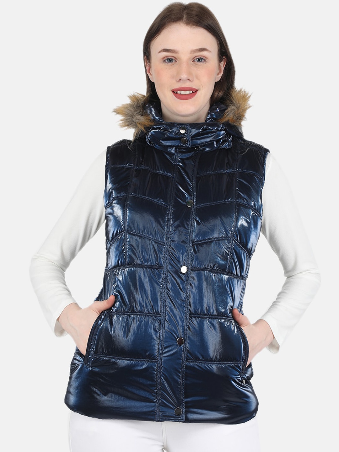 

Monte Carlo Sleeveless Mock Neck Puffer Jacket With Faux Fur Trim, Blue