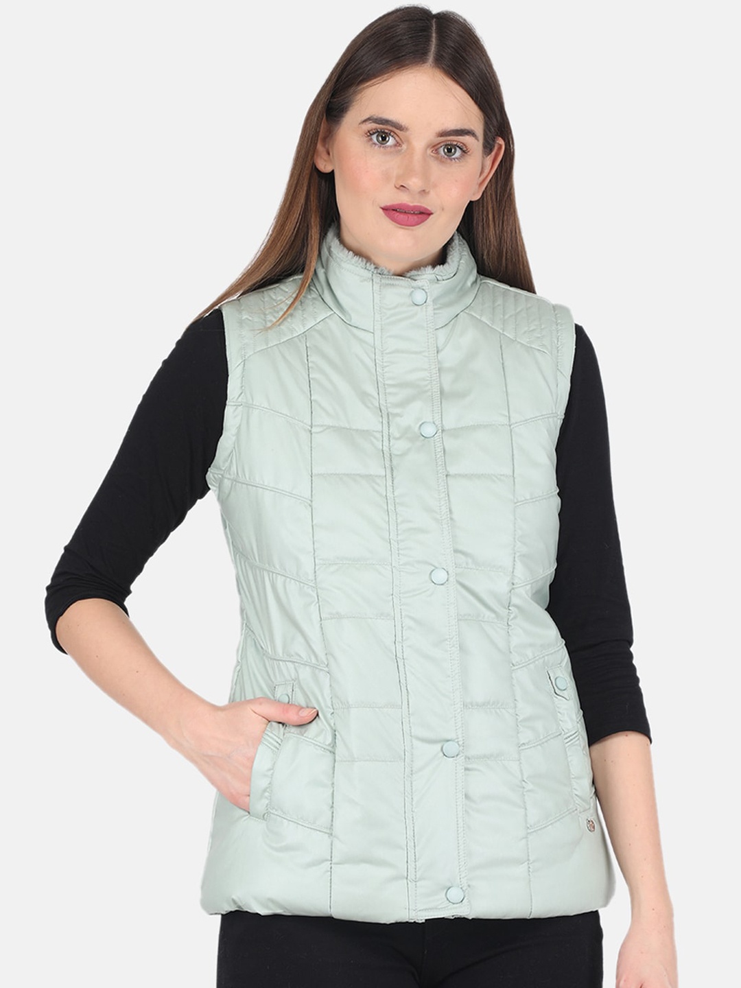 

Monte Carlo Mock Neck Quilted Jacket With Faux Fur Trim, Green