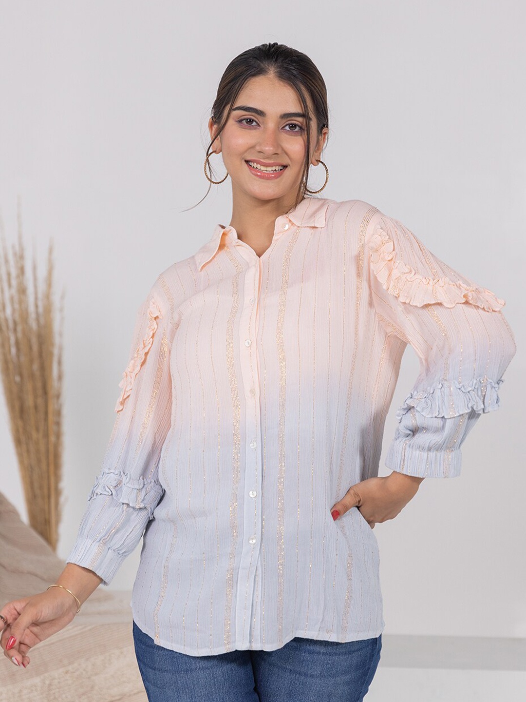 

Aadews Ombre Dye Shirt Collar Cuffed Sleeves Shirt Style Top, Pink
