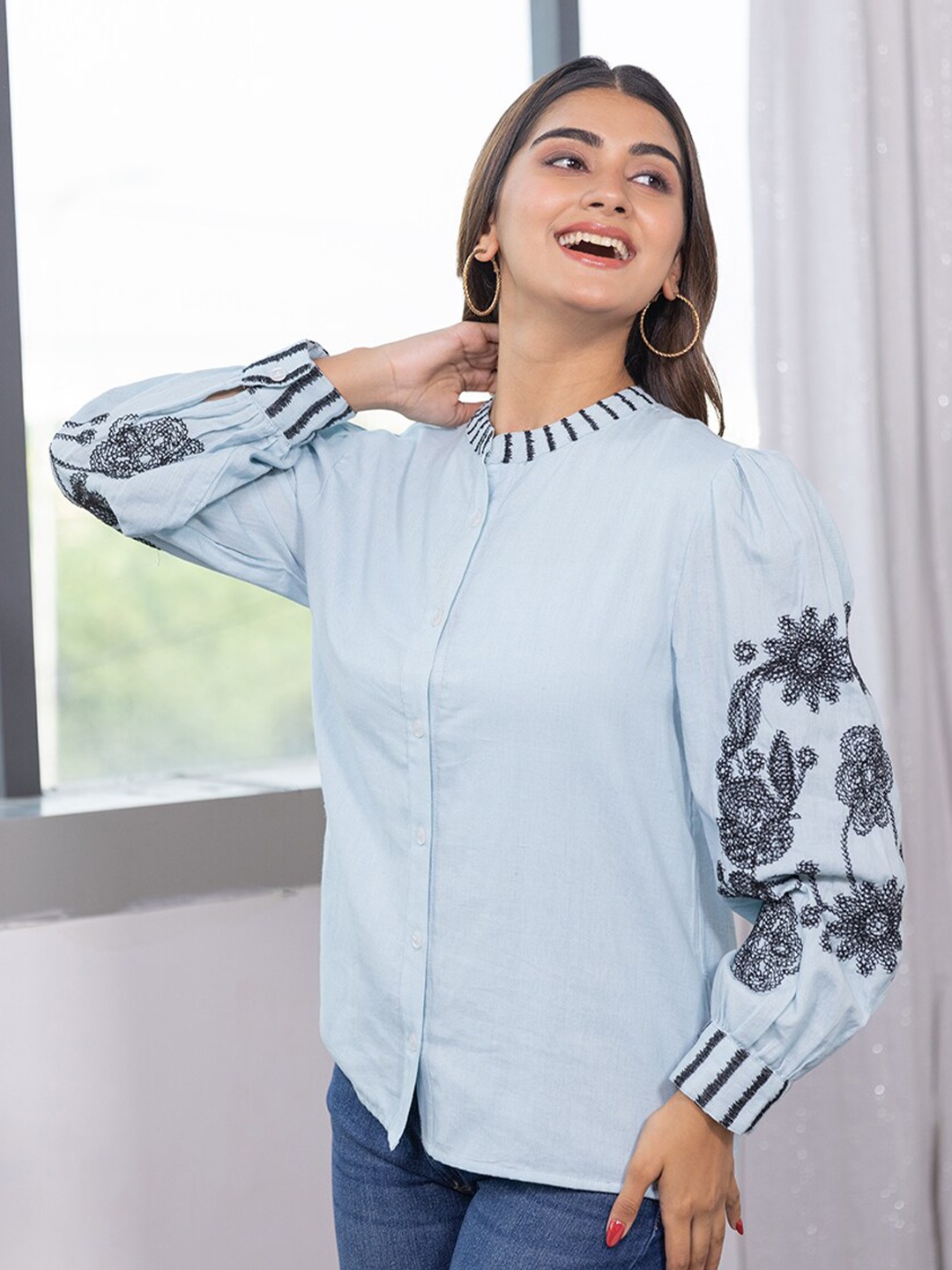 

Aadews Floral Embroidered Mandarin Collar Cuffed Sleeves Cotton Top, Turquoise blue