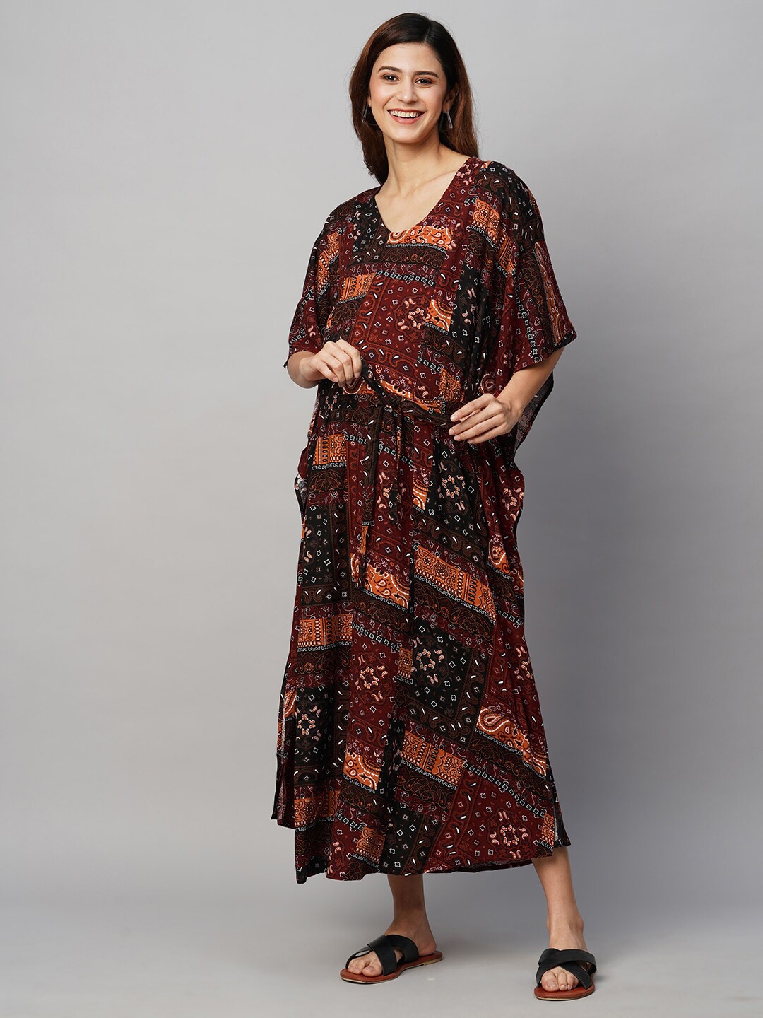 

MomToBe Ethnic Motifs Printed Maxi Maternity Kaftan Nightdress, Maroon