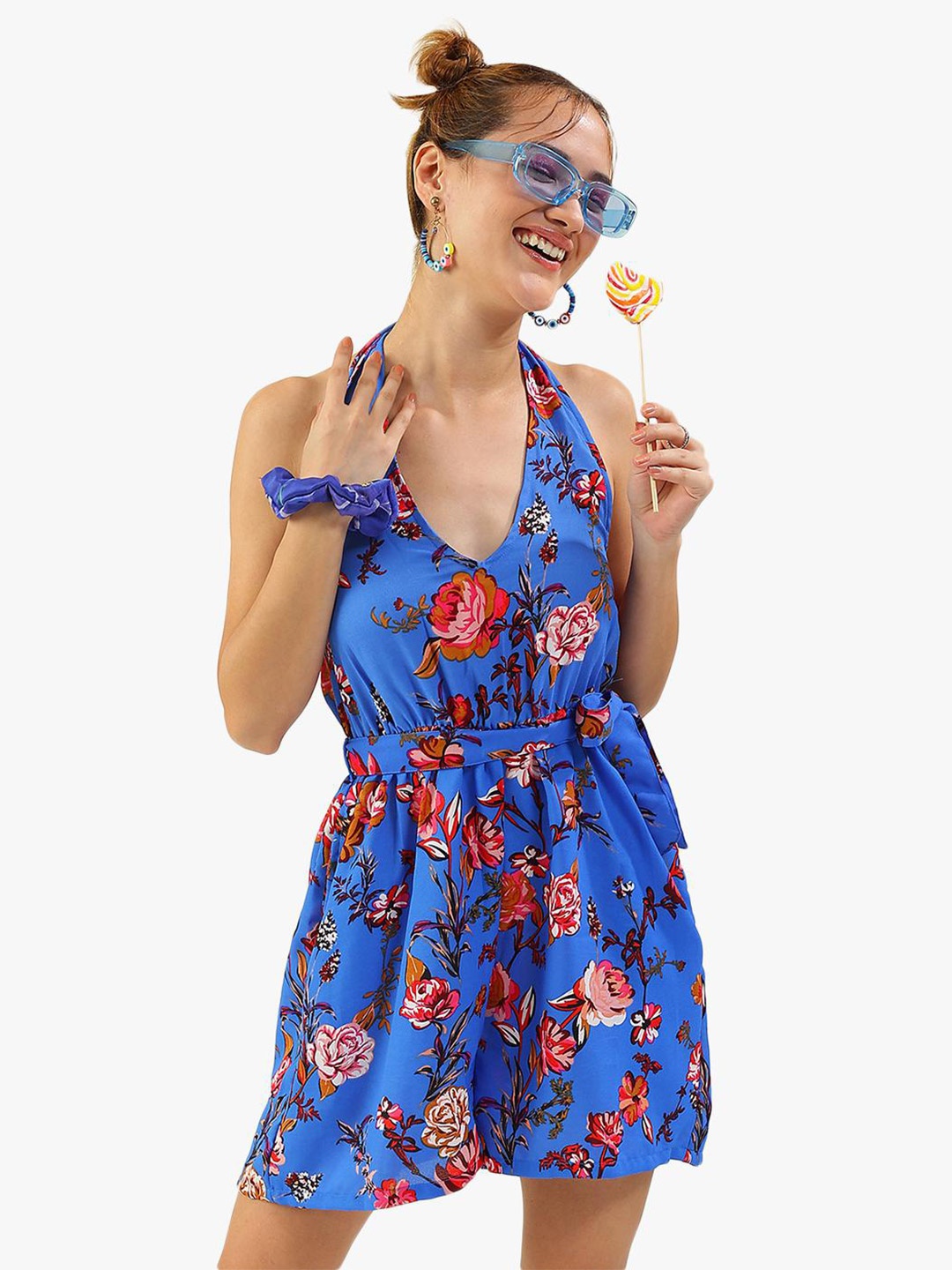 

Virgio Halter Neck Floral Printed Playsuit, Blue