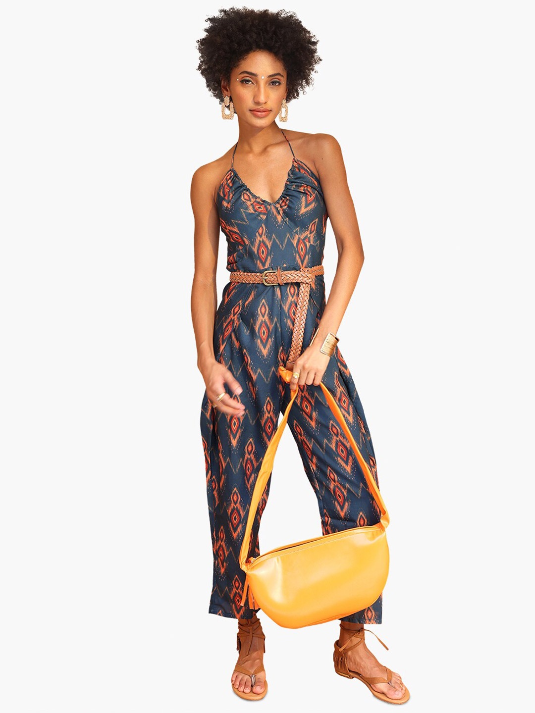 

Virgio Printed Cotton Halter Neck Basic Jumpsuit, Blue
