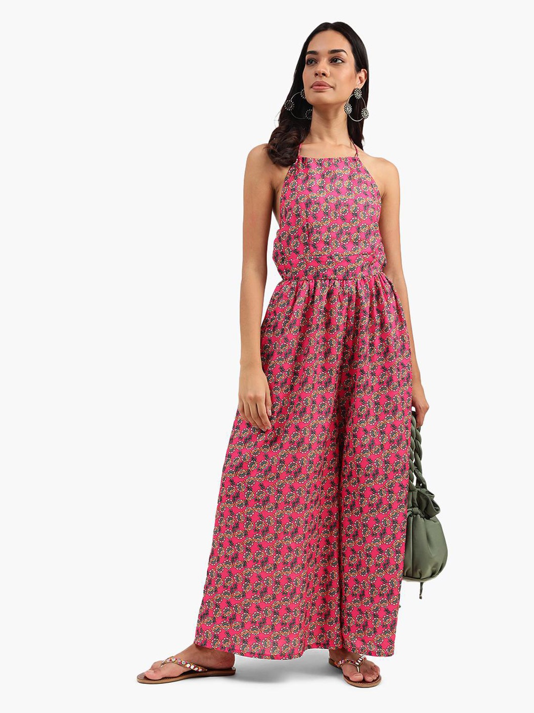 

Virgio Printed Halter Neck Wide Leg Cotton Basic Jumpsuit, Pink