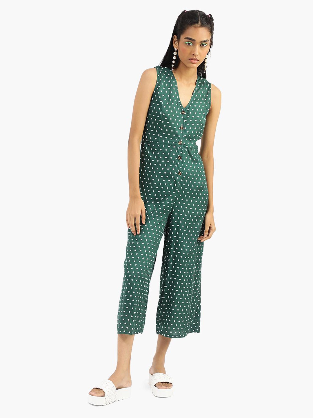 

Virgio Polka Dot Printed Wide Leg Cotton Basic Jumpsuit, Green