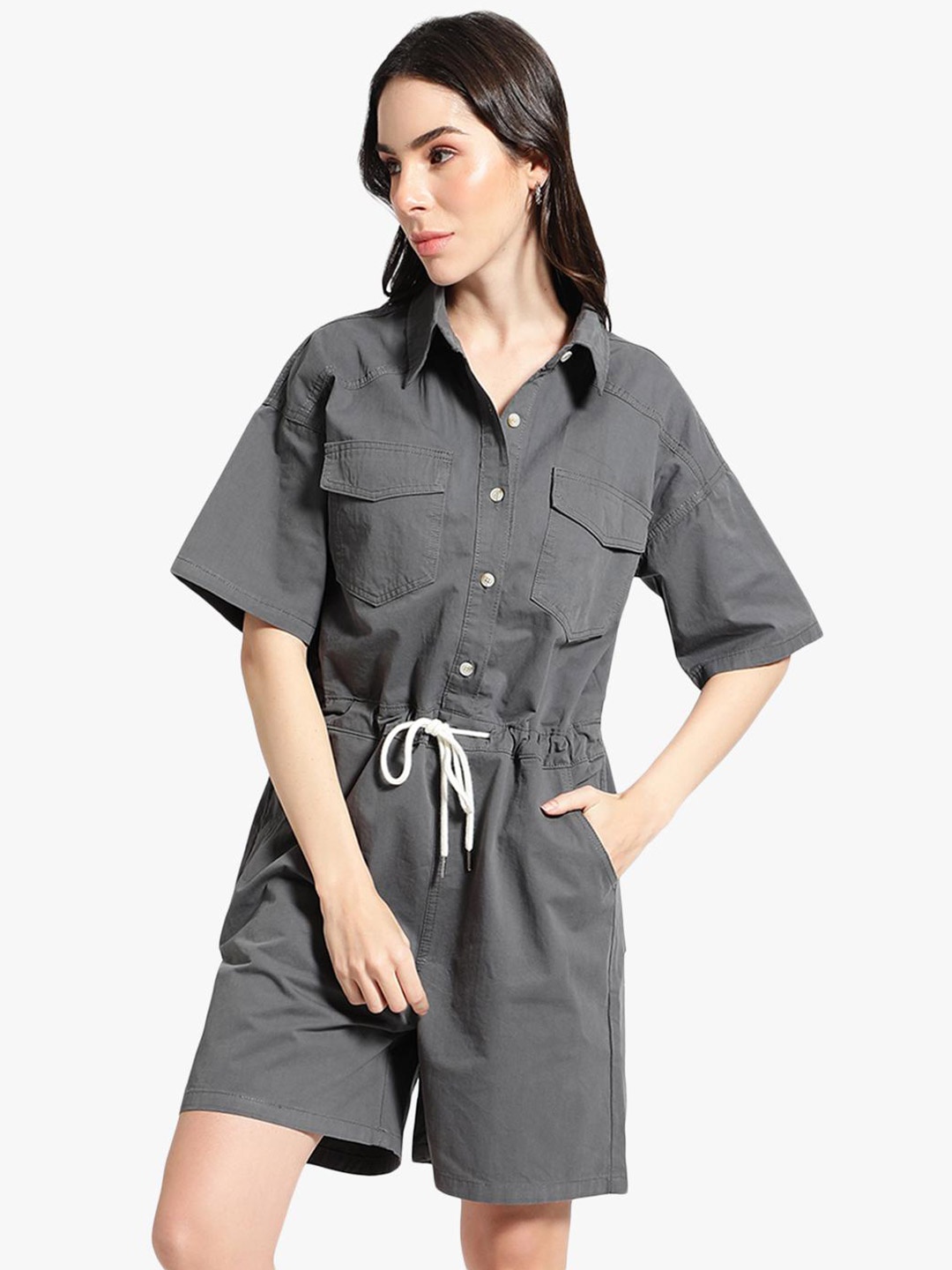 

Virgio Shirt Collar Cotton Playsuit, Charcoal