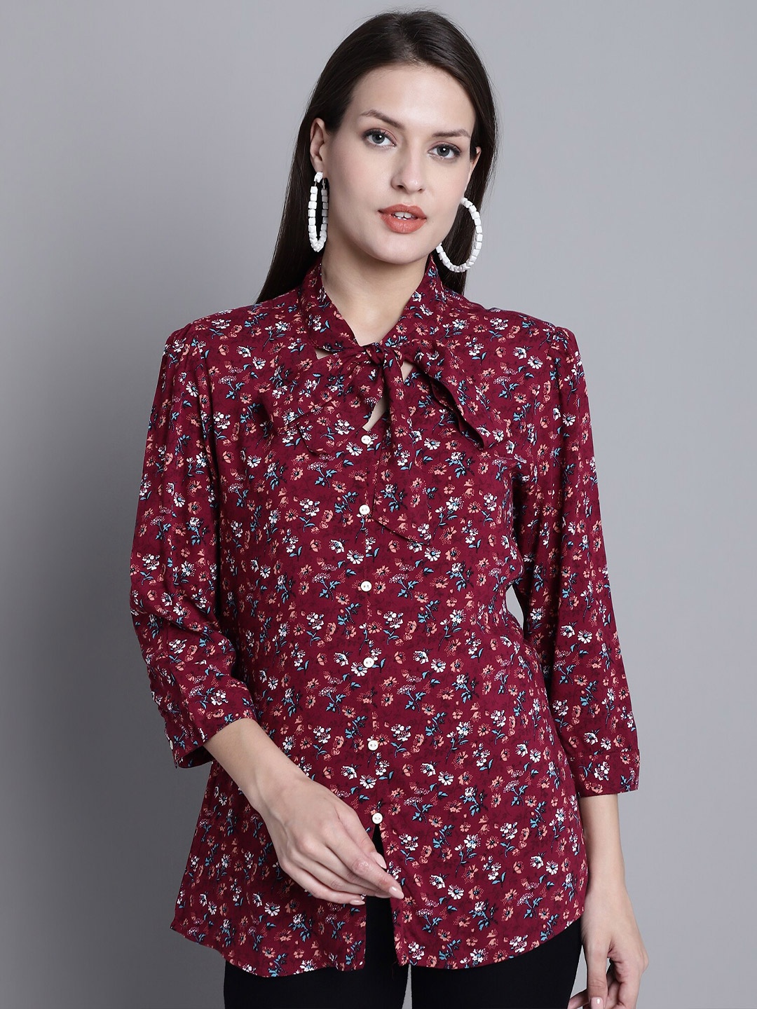 

Cantabil Floral Printed Tie-Up Neck Top, Maroon