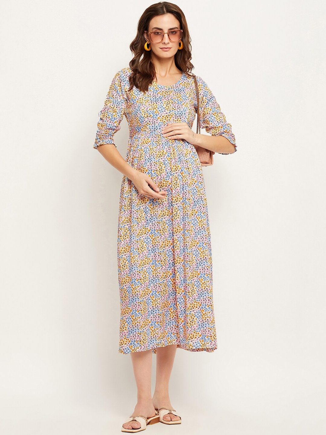 

NABIA Floral Printed Flared Midi Feeding & Maternity Dress, White