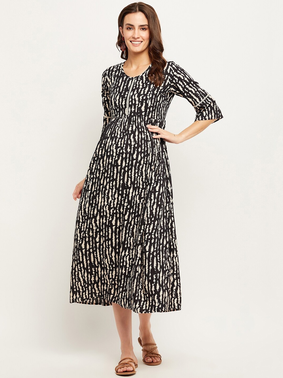 

NABIA Abstract Printed Flared Midi Feeding & Maternity Dress, Black