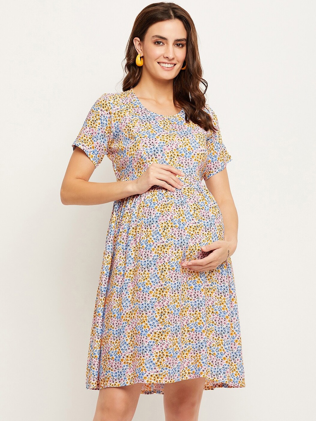 

NABIA Floral Printed Fit & Flare Feeding & Maternity Dress, White