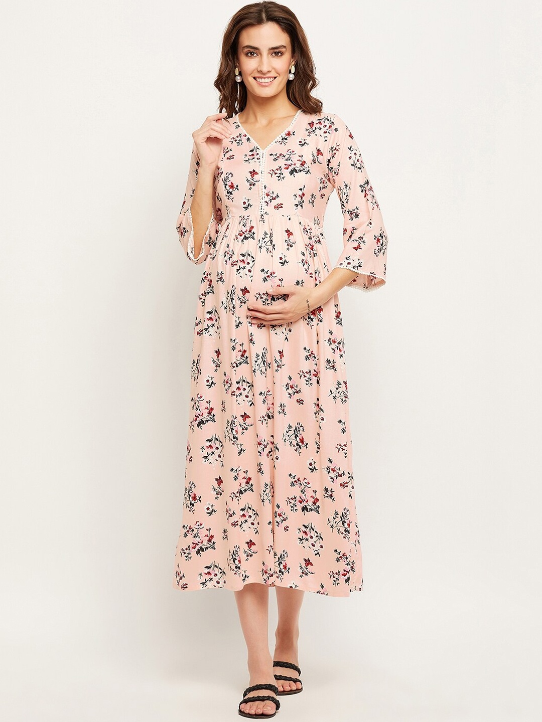 

NABIA Floral Printed Gathered Maternity A-Line Dress, Peach
