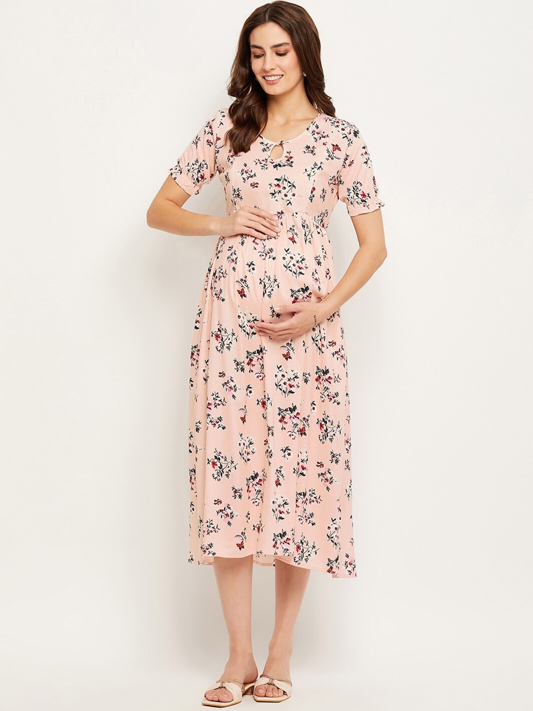 

NABIA Floral Printed Keyhole Neck Puff Sleeves Maternity A-Line Dress, Pink