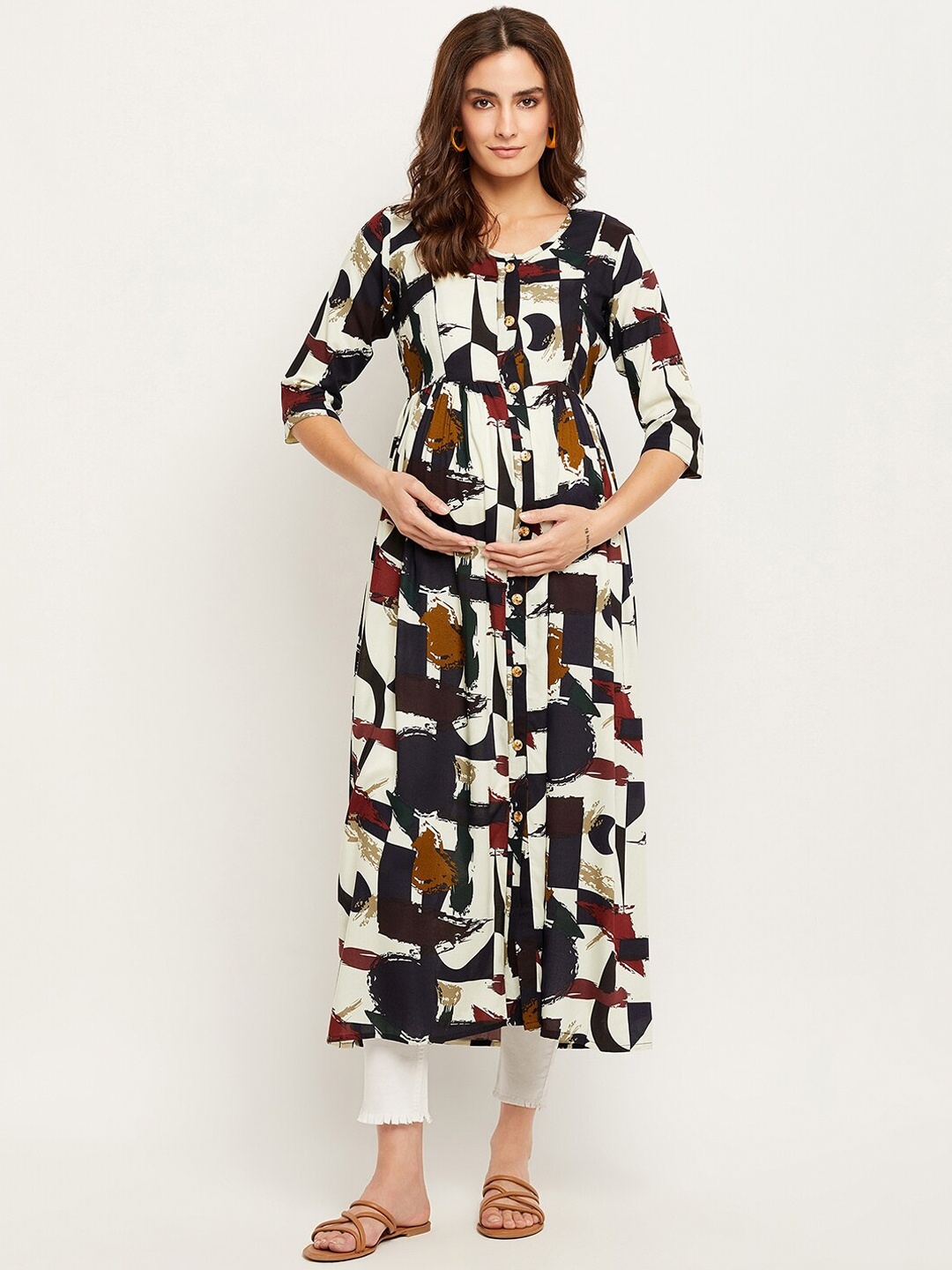 

NABIA Abstract Printed Fit & Flare Maternity Ethnic Midi Dress, White