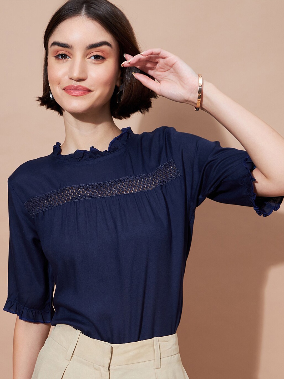 

DressBerry Navy Blue Ruffles Detail Regular Top