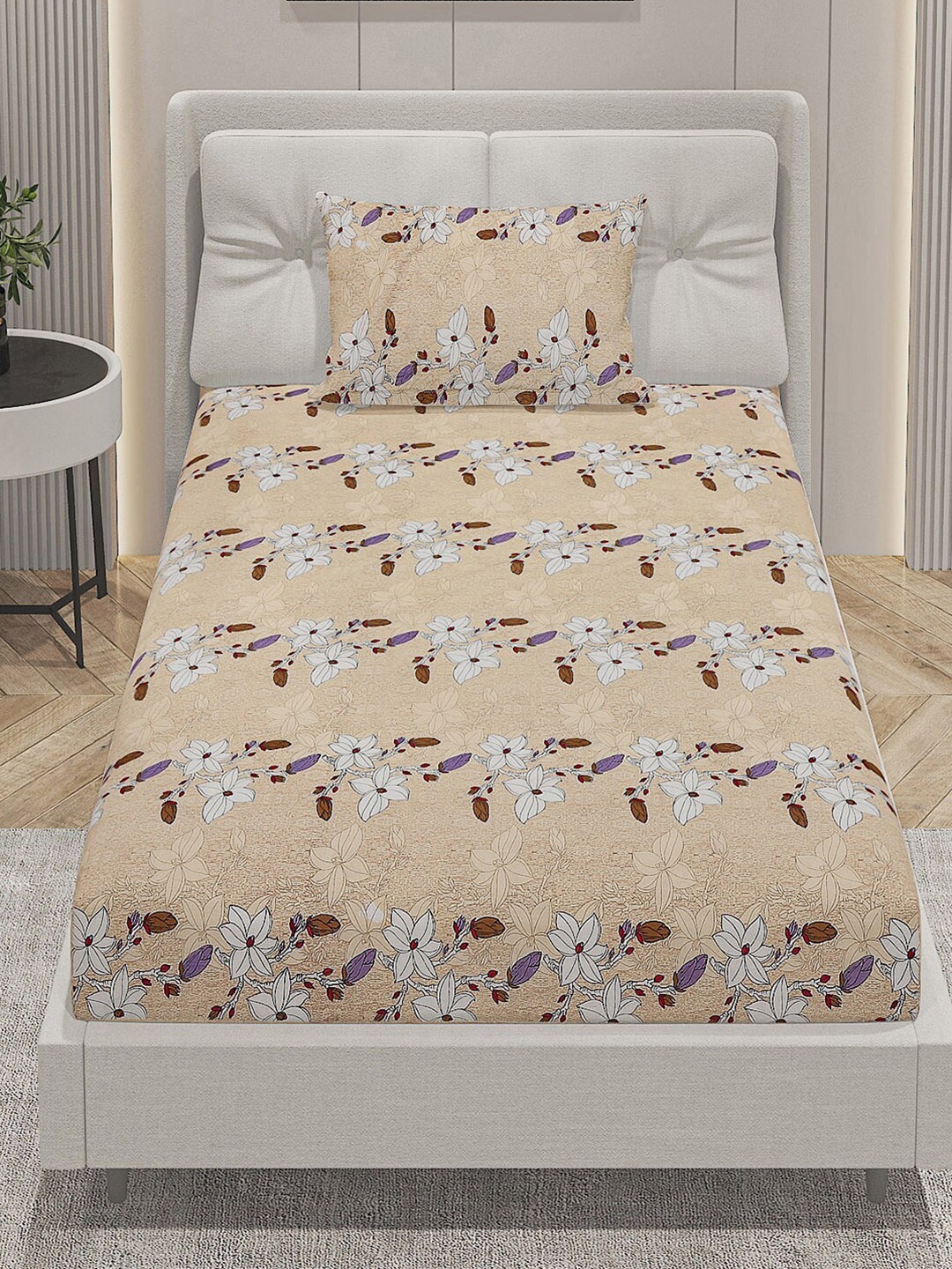 

Monte Carlo Beige & White Floral Cotton 144 TC Single Bedsheet With 1 Pillow Cover
