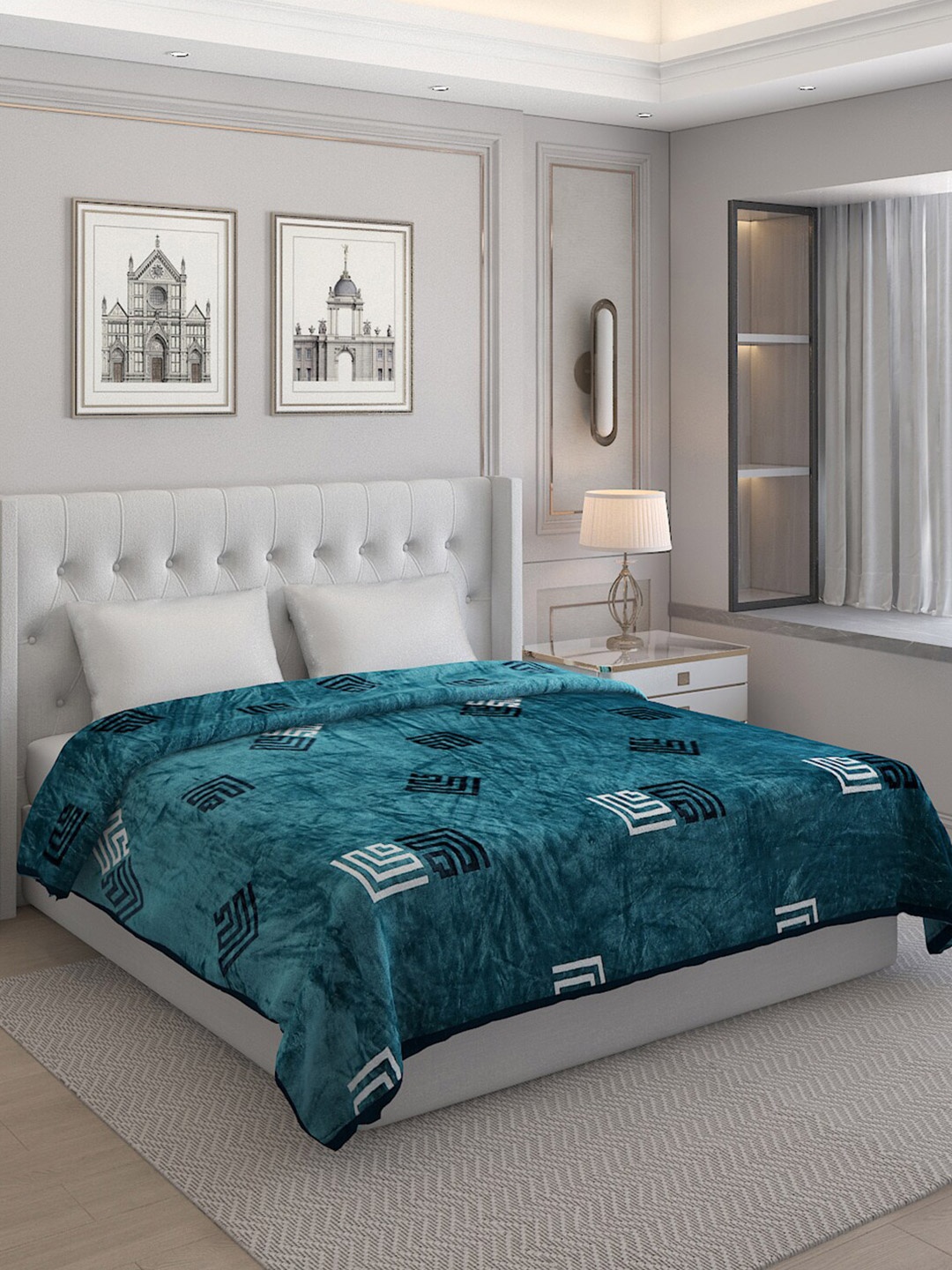 

Monte Carlo Teal Geometric AC Room 300 GSM Double Bed Blanket