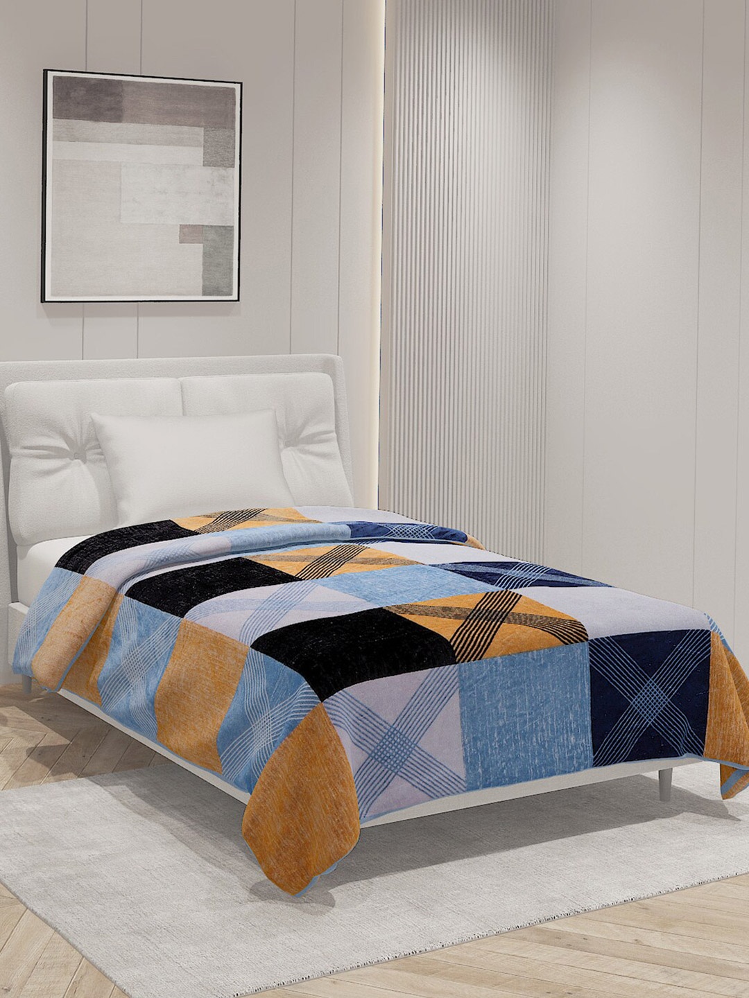 

Monte Carlo Blue & Mustard Geometric AC Room 233 GSM Single Bed Blanket