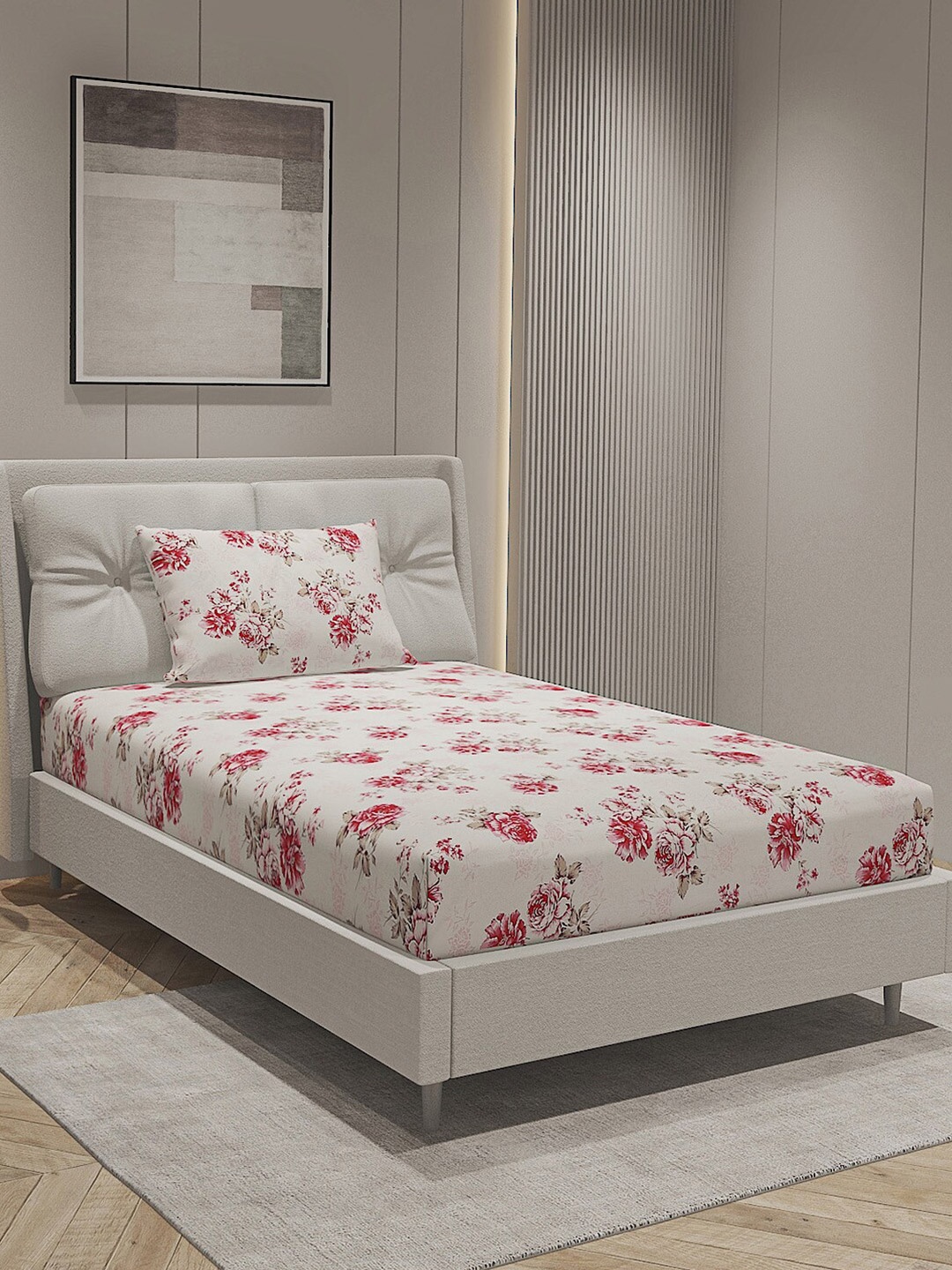 

Monte Carlo Cairo White & Pink Floral Printed Pure Cotton 144 TC Single Bedsheet Set