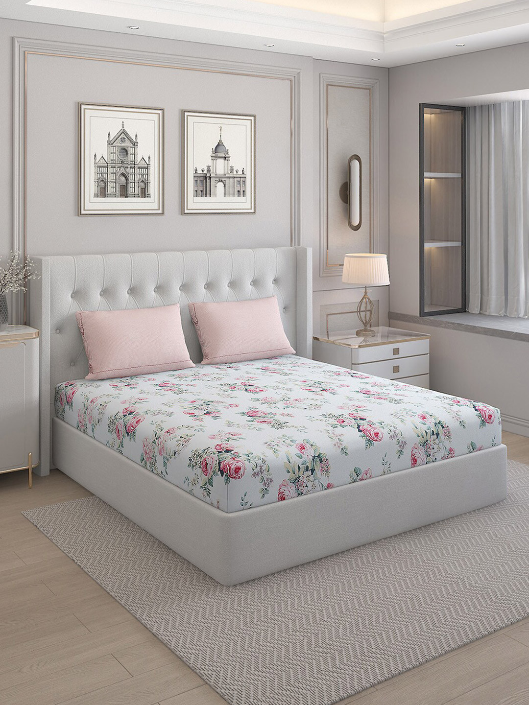 

Monte Carlo Ramona White & Pink Floral Pure Cotton 200 TC Queen Bedsheet Set