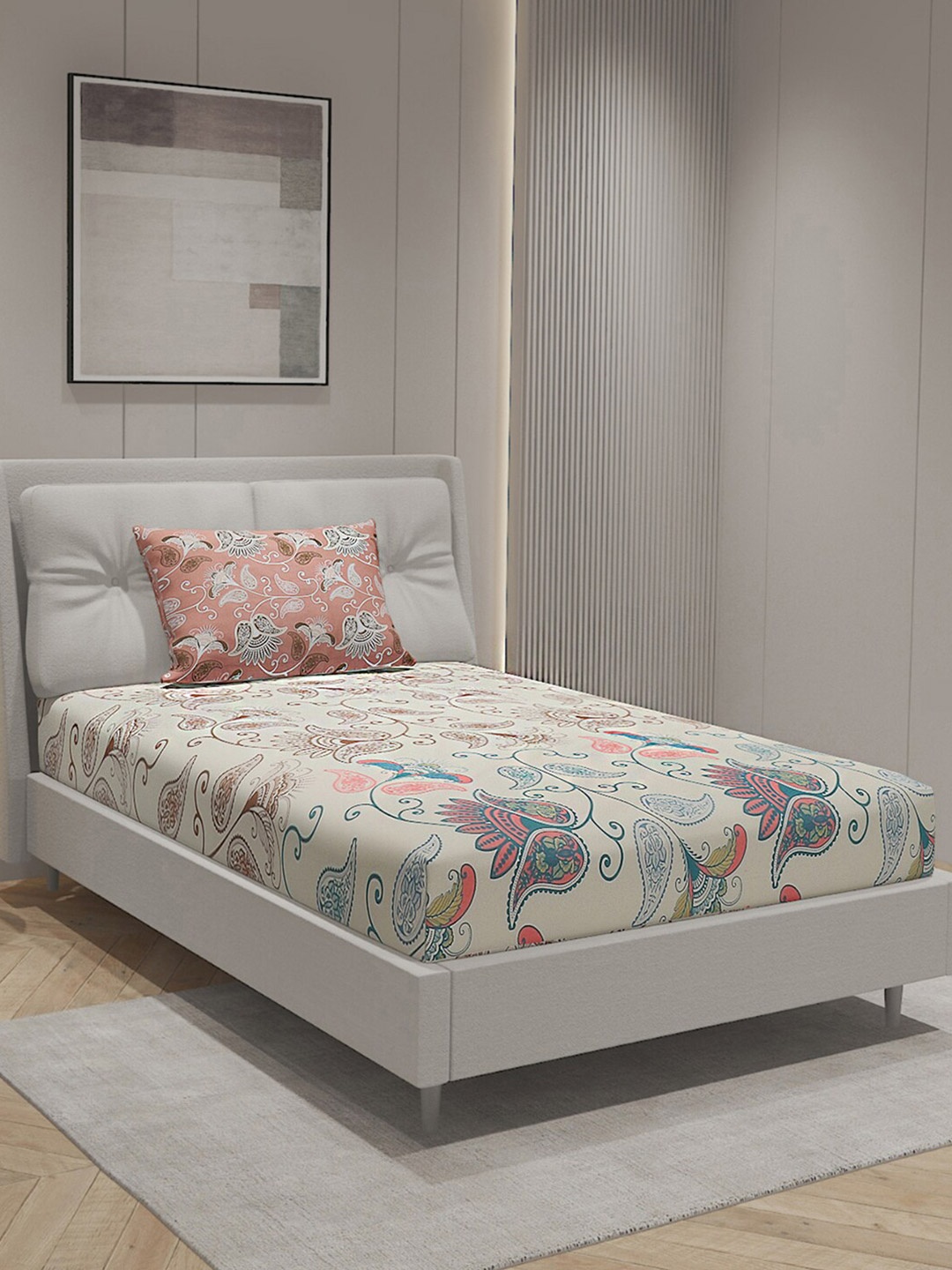 

Monte Carlo Off White Ethnic Motifs Pure Cotton 144 TC Single Bedsheet with 1 Pillow Cover